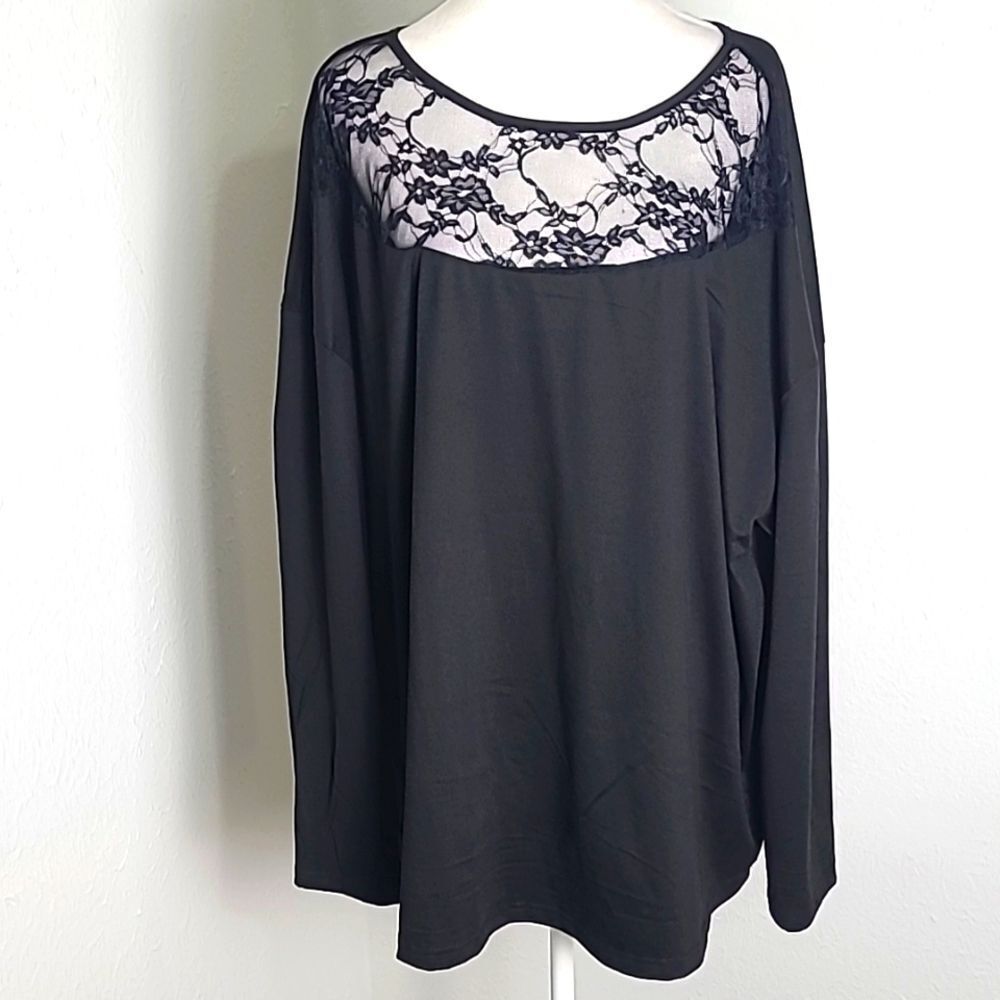 Shein Curve Black Top with Sheer Lace Neckline, Size 4XL